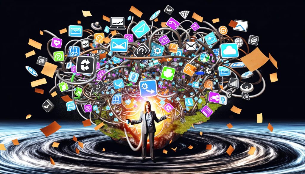 Genervter Marketer mit Kaffeebecher sitzt vor flackernden Dashboards, umgeben von chaotisch verschlungenen Toolsymbolen und abreißenden Datenkabeln über einem schwarzen Datenstrudel.