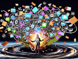 Genervter Marketer mit Kaffeebecher sitzt vor flackernden Dashboards, umgeben von chaotisch verschlungenen Toolsymbolen und abreißenden Datenkabeln über einem schwarzen Datenstrudel.