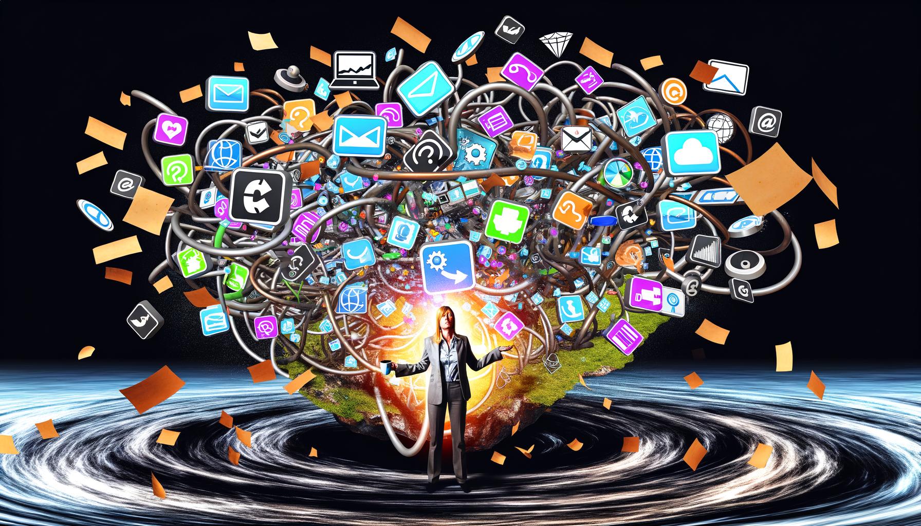 Genervter Marketer mit Kaffeebecher sitzt vor flackernden Dashboards, umgeben von chaotisch verschlungenen Toolsymbolen und abreißenden Datenkabeln über einem schwarzen Datenstrudel.