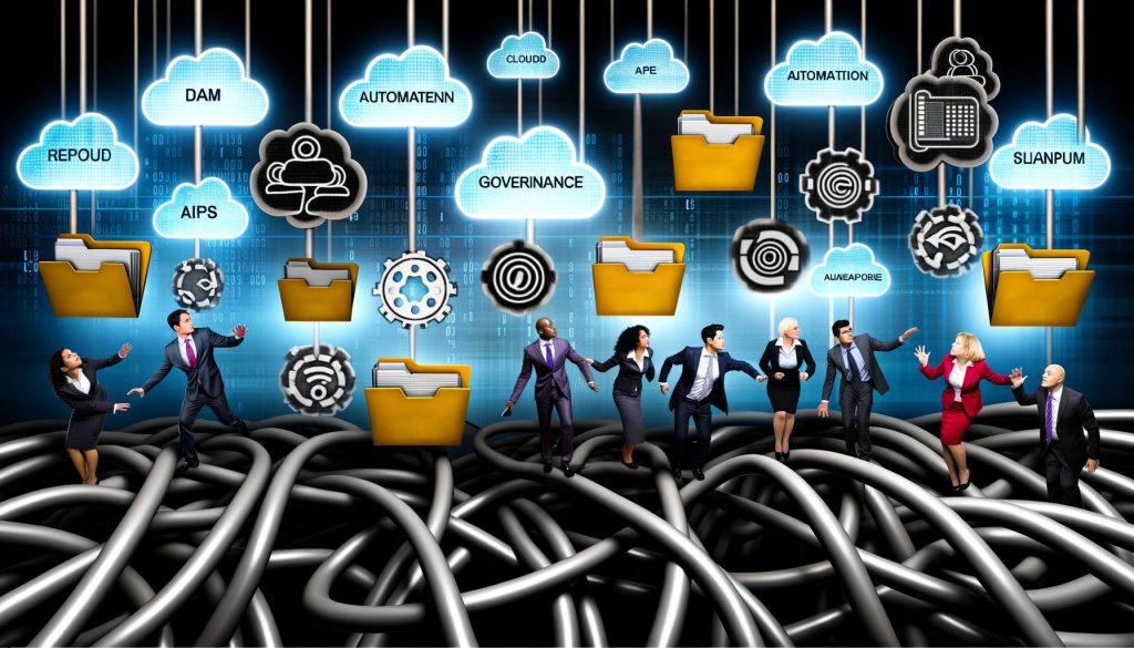 Digitale Illustration von Business-Profis, die sich mit DAM-Tools durch einen Kabel- und Daten-Dschungel kämpfen, mit Zeichen zu Automation, Governance und APIs sowie veralteten Tools im Hintergrund.