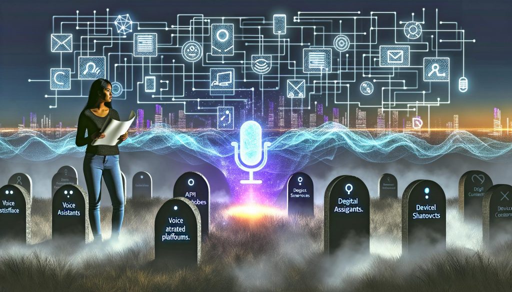 Ein Entwickler mit Entwurfsplänen steht vor einem futuristischen Sprachinterface, im Vordergrund digitale Grabsteine von Alexa Skills, Google Assistant und Siri Shortcuts, nebliger Friedhof und algorithmisch geformte Stadtsilhouette.