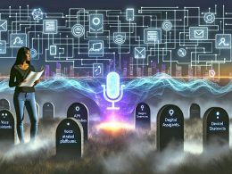 Ein Entwickler mit Entwurfsplänen steht vor einem futuristischen Sprachinterface, im Vordergrund digitale Grabsteine von Alexa Skills, Google Assistant und Siri Shortcuts, nebliger Friedhof und algorithmisch geformte Stadtsilhouette.