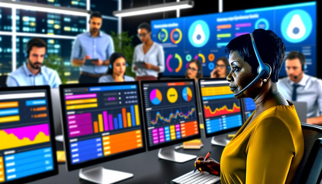 Moderne Office-Umgebung mit großen Daten-Dashboards, KPIs und Teammitgliedern an Whiteboards, konzentrierter Mitarbeiter im Vordergrund