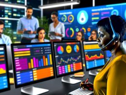 Moderne Office-Umgebung mit großen Daten-Dashboards, KPIs und Teammitgliedern an Whiteboards, konzentrierter Mitarbeiter im Vordergrund