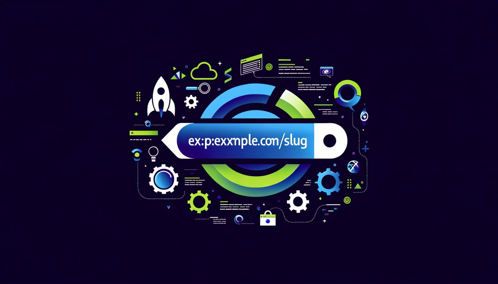 Moderne Illustration einer Website-URL mit farblich hervorgehobenem Slug „slug-optimieren“, umrundet von SEO-Symbolen wie Rakete, Zahnrad, Auge und Suchlupe, auf hellem, datenbasiertem Hintergrund mit Google-Logos.