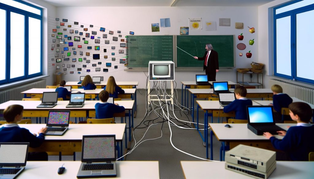 Deutscher Klassenraum mit Schülern an digitalen Geräten, Lehrer am fehlerhaften Smartboard und einem Kabelgewirr im Hintergrund.