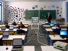 Deutscher Klassenraum mit Schülern an digitalen Geräten, Lehrer am fehlerhaften Smartboard und einem Kabelgewirr im Hintergrund.