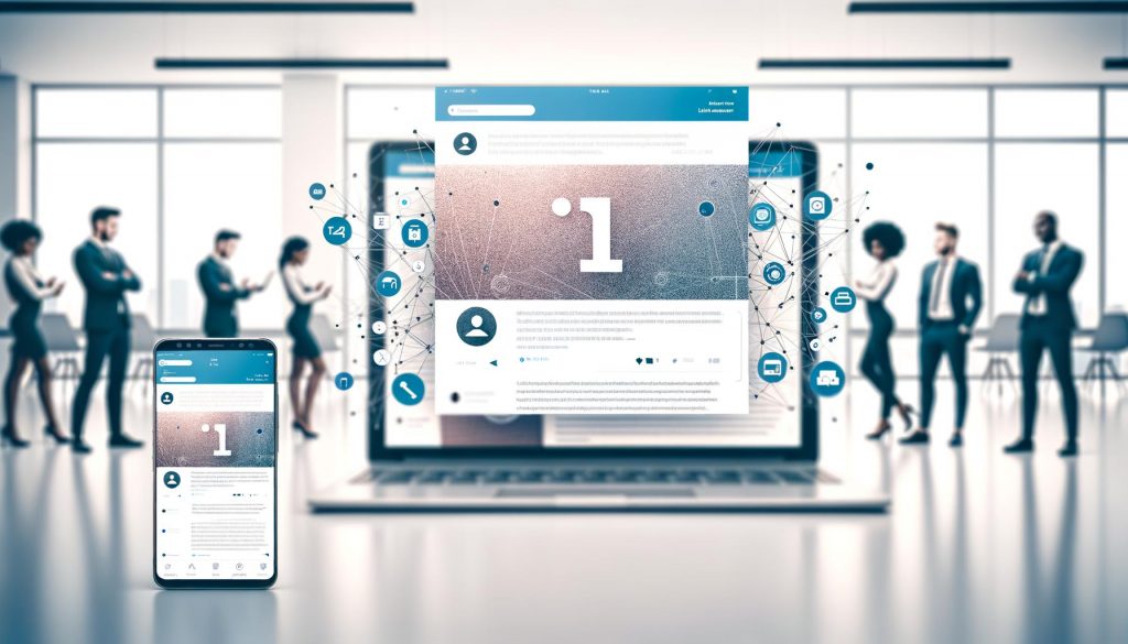 Offener LinkedIn-Feed auf Laptop und Handy, markanter Beitragssatz, Icons für Kommentare, Likes und Teilen, Businessleute im Hintergrund, modernes Büro.