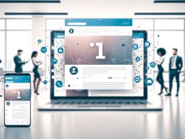 Offener LinkedIn-Feed auf Laptop und Handy, markanter Beitragssatz, Icons für Kommentare, Likes und Teilen, Businessleute im Hintergrund, modernes Büro.