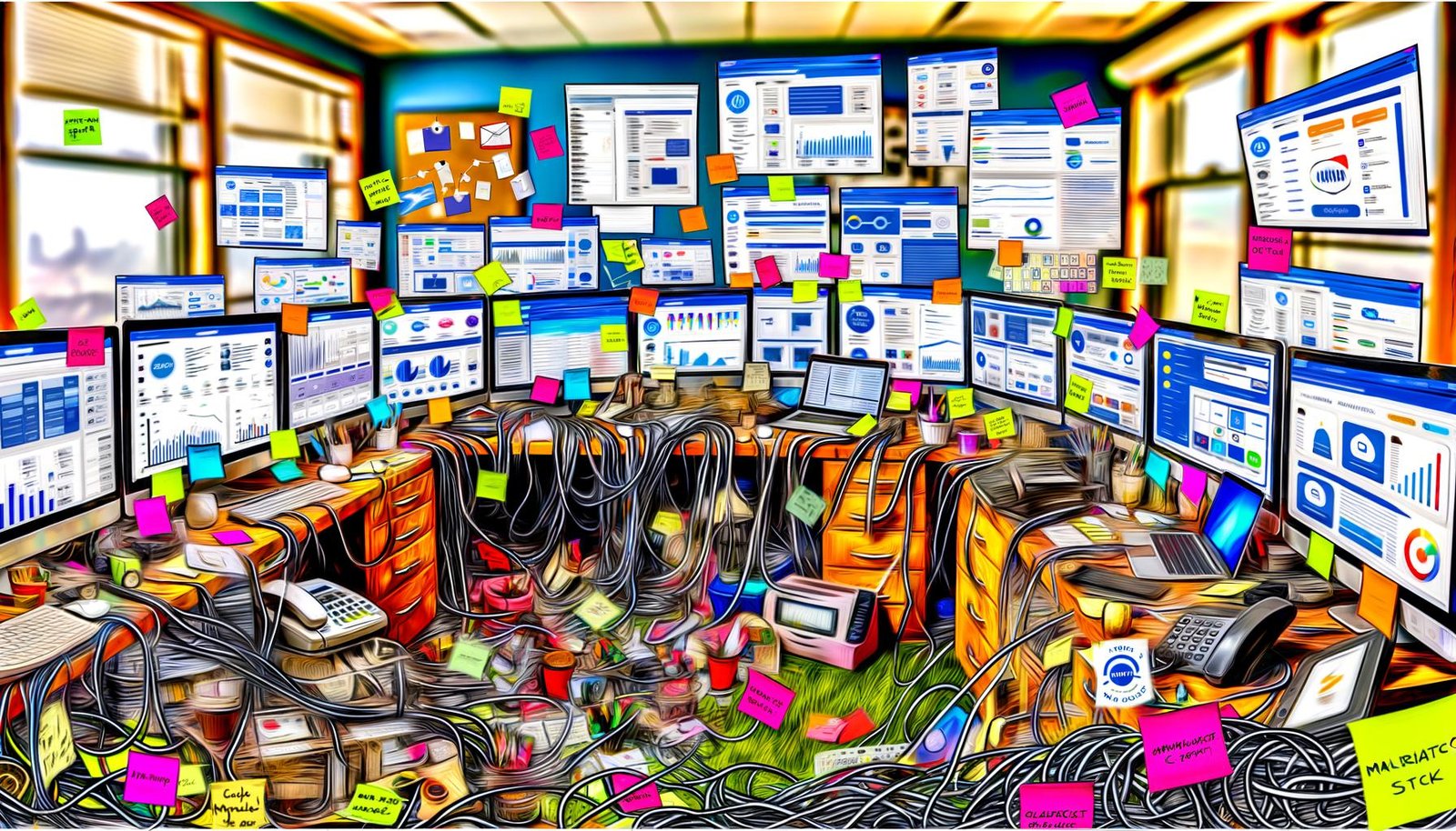 Überfülltes, chaotisches Büro mit gestressten Marketern, mehreren Dashboards auf Bildschirmen, Kabelsalat und verwirrenden Marketing-Tools.