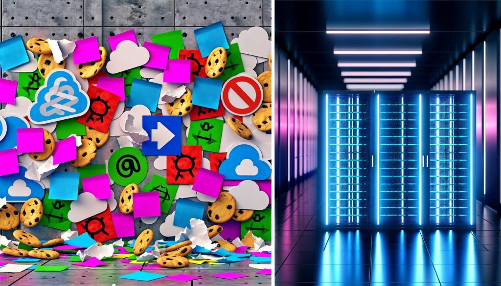 Links chaotische, bunte Wand mit Post-its und Adblocker-Icons, rechts moderner Serverraum mit leuchtendem Server-Container und geordneten Datenströmen für Datenschutz und Kontrolle.