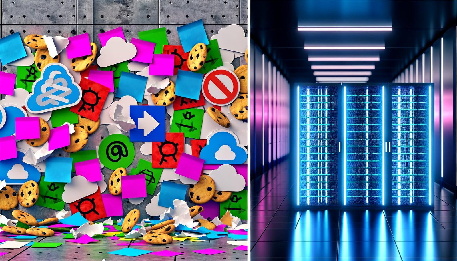 Links chaotische, bunte Wand mit Post-its und Adblocker-Icons, rechts moderner Serverraum mit leuchtendem Server-Container und geordneten Datenströmen für Datenschutz und Kontrolle.