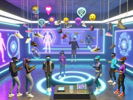 Hyperrealistische Szene in einem futuristischen VR-Shop mit jungen Menschen, die Avatare steuern und 3D-Produkte im digitalen Store erleben.