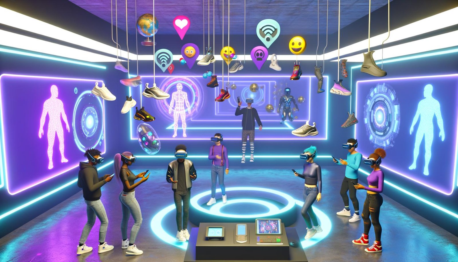 Hyperrealistische Szene in einem futuristischen VR-Shop mit jungen Menschen, die Avatare steuern und 3D-Produkte im digitalen Store erleben.