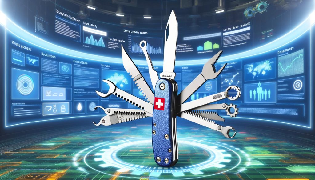 Digital visualisiertes Schweizer Taschenmesser mit Tracking-Tools, umgeben von Datenströmen und Analyse-Elementen in einem hochmodernen Kontrollraum.