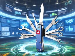 Digital visualisiertes Schweizer Taschenmesser mit Tracking-Tools, umgeben von Datenströmen und Analyse-Elementen in einem hochmodernen Kontrollraum.