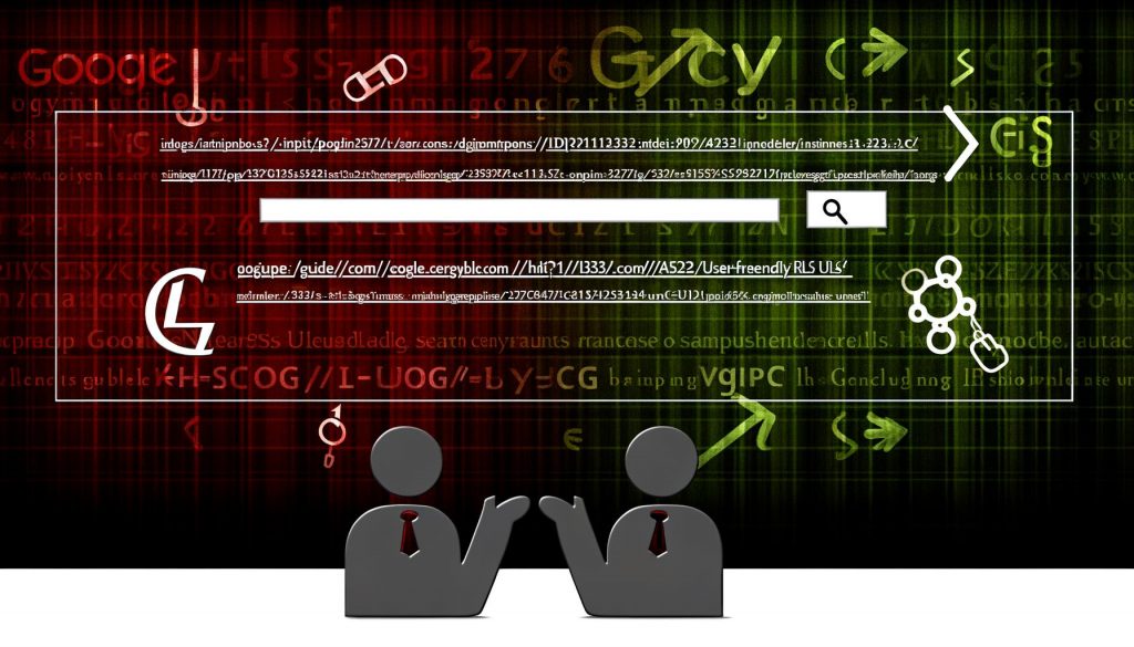 Moderne Grafik mit roter, schwer verständlicher URL im Vergleich zu einer grünen, sprechenden URL. Googlebot und Mensch zeigen Zustimmung zur optimierten URL und Irritation gegenüber der kryptischen Variante. Ranking-Elemente im Hintergrund.