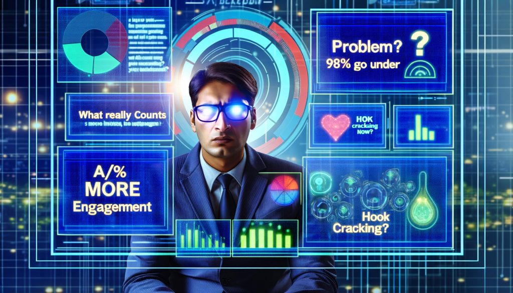 Futuristische Illustration eines Geschäftsmanns vor mehreren LinkedIn-Fenstern mit leuchtenden Schlagworten, Datenvisualisierungen, Algorithmus-Symbolen und Technik-Hintergrund.