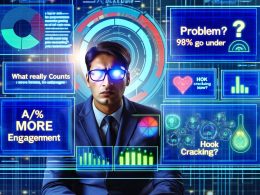 Futuristische Illustration eines Geschäftsmanns vor mehreren LinkedIn-Fenstern mit leuchtenden Schlagworten, Datenvisualisierungen, Algorithmus-Symbolen und Technik-Hintergrund.