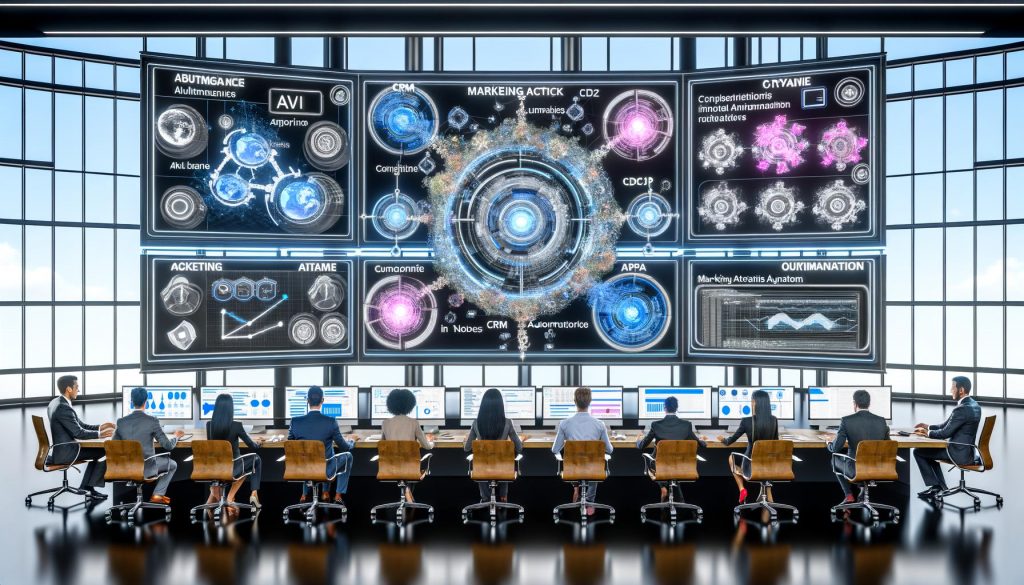 Marketing-Experten arbeiten vor einem riesigen, transparenten Dashboard mit vernetzten Touchscreens, APIs und digitalen Datenströmen in einer futuristischen Schaltzentrale.