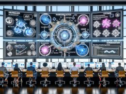 Marketing-Experten arbeiten vor einem riesigen, transparenten Dashboard mit vernetzten Touchscreens, APIs und digitalen Datenströmen in einer futuristischen Schaltzentrale.