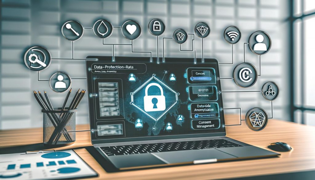 Moderne Arbeitsumgebung mit Laptop und Privacy Dashboard, technische Skizzen zu Tag-Management und Analytics-Setups, Datenschutz und Transparenz im Online-Marketing.