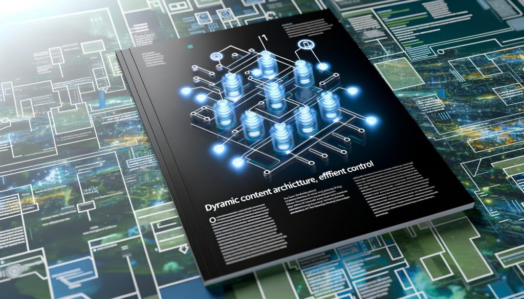 Modernes, minimalistisches Covermotiv einer digitalen Fachzeitschrift mit leuchtenden, modularen Content-Elementen und sichtbaren API-Verbindungen, im Hintergrund technische Landschaft mit Servern, Codes und Microservices-Icons – versehen mit subtil integriertem Fehlercode 404.