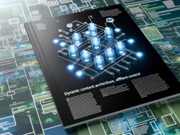 Modernes, minimalistisches Covermotiv einer digitalen Fachzeitschrift mit leuchtenden, modularen Content-Elementen und sichtbaren API-Verbindungen, im Hintergrund technische Landschaft mit Servern, Codes und Microservices-Icons – versehen mit subtil integriertem Fehlercode 404.