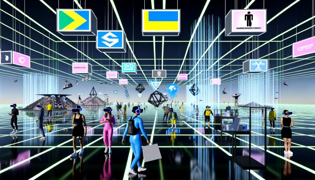 Futuristischer VR-Marktplatz mit Menschen in Headsets, schwebenden Marken-Logos wie IKEA, Nike und Alibaba sowie interaktiven holografischen Produkten in einer neonbeleuchteten Umgebung.