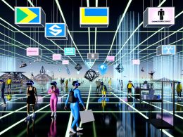 Futuristischer VR-Marktplatz mit Menschen in Headsets, schwebenden Marken-Logos wie IKEA, Nike und Alibaba sowie interaktiven holografischen Produkten in einer neonbeleuchteten Umgebung.