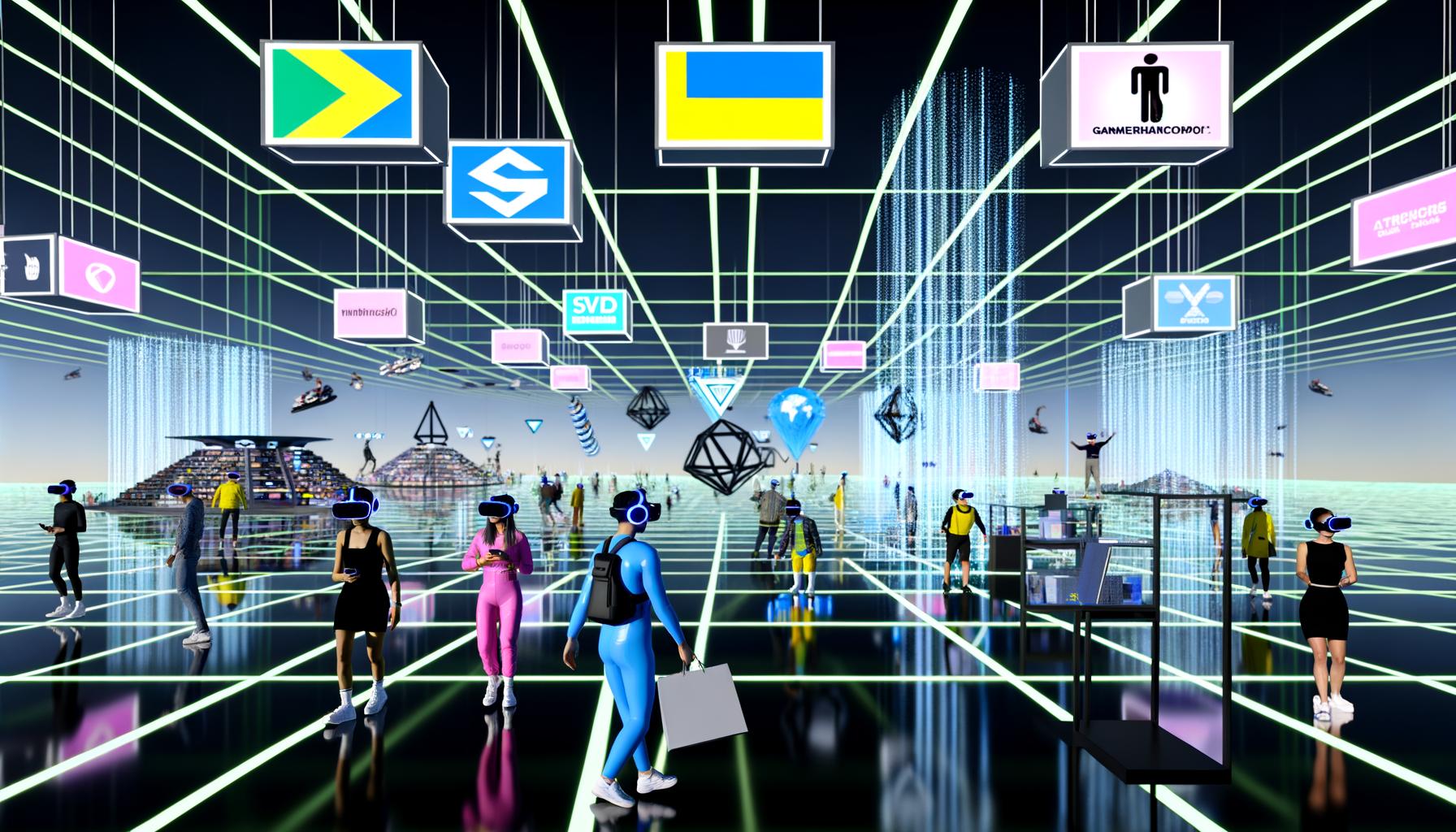 Futuristischer VR-Marktplatz mit Menschen in Headsets, schwebenden Marken-Logos wie IKEA, Nike und Alibaba sowie interaktiven holografischen Produkten in einer neonbeleuchteten Umgebung.