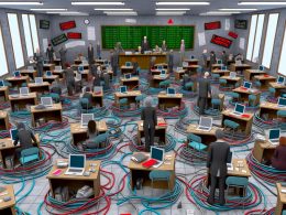 Chaotisches Klassenzimmer mit Kabelsalat, alten Laptops, Papierstapeln mit Schlagworten rund um Digitalisierung, umgeben von ratlosen Entscheidern im Anzug, frustrierten Lehrkräften und Schülern ohne Internetverbindung.