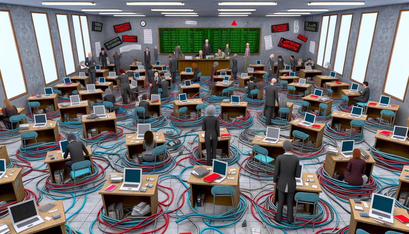 Chaotisches Klassenzimmer mit Kabelsalat, alten Laptops, Papierstapeln mit Schlagworten rund um Digitalisierung, umgeben von ratlosen Entscheidern im Anzug, frustrierten Lehrkräften und Schülern ohne Internetverbindung.