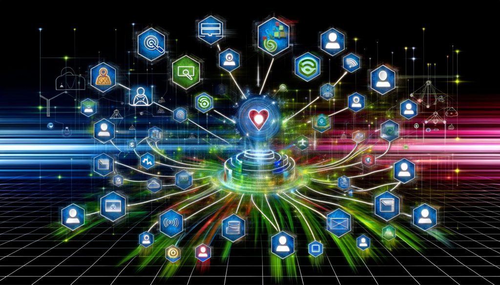 Visualisierung eines digitalen Netzwerks mit Datenströmen, Daten-Hub, Tracking-Icons, API-Konnektoren, Nutzer-Avataren und abstrahierter Firewall im technischen, klaren Stil.