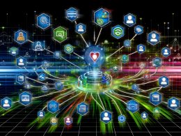 Visualisierung eines digitalen Netzwerks mit Datenströmen, Daten-Hub, Tracking-Icons, API-Konnektoren, Nutzer-Avataren und abstrahierter Firewall im technischen, klaren Stil.