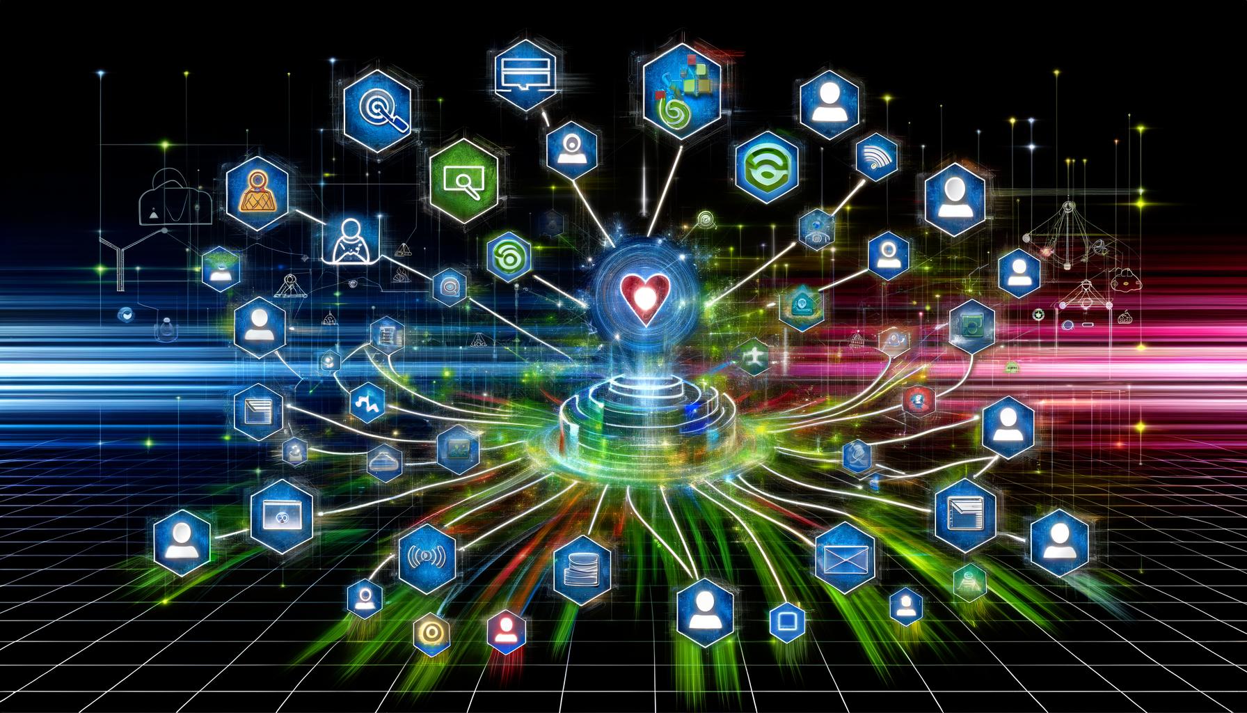 Visualisierung eines digitalen Netzwerks mit Datenströmen, Daten-Hub, Tracking-Icons, API-Konnektoren, Nutzer-Avataren und abstrahierter Firewall im technischen, klaren Stil.