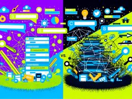 Illustration zweier konkurrierender Websites: links eine minimalistische Seite mit klaren Permalinks wie /blog/seo-tipps, rechts eine überladene Website mit komplizierten dynamischen URLs wie /artikel.php?id=123. In der Mitte Kontrast mit SEO-Symbolen und Traffic-Grafen.