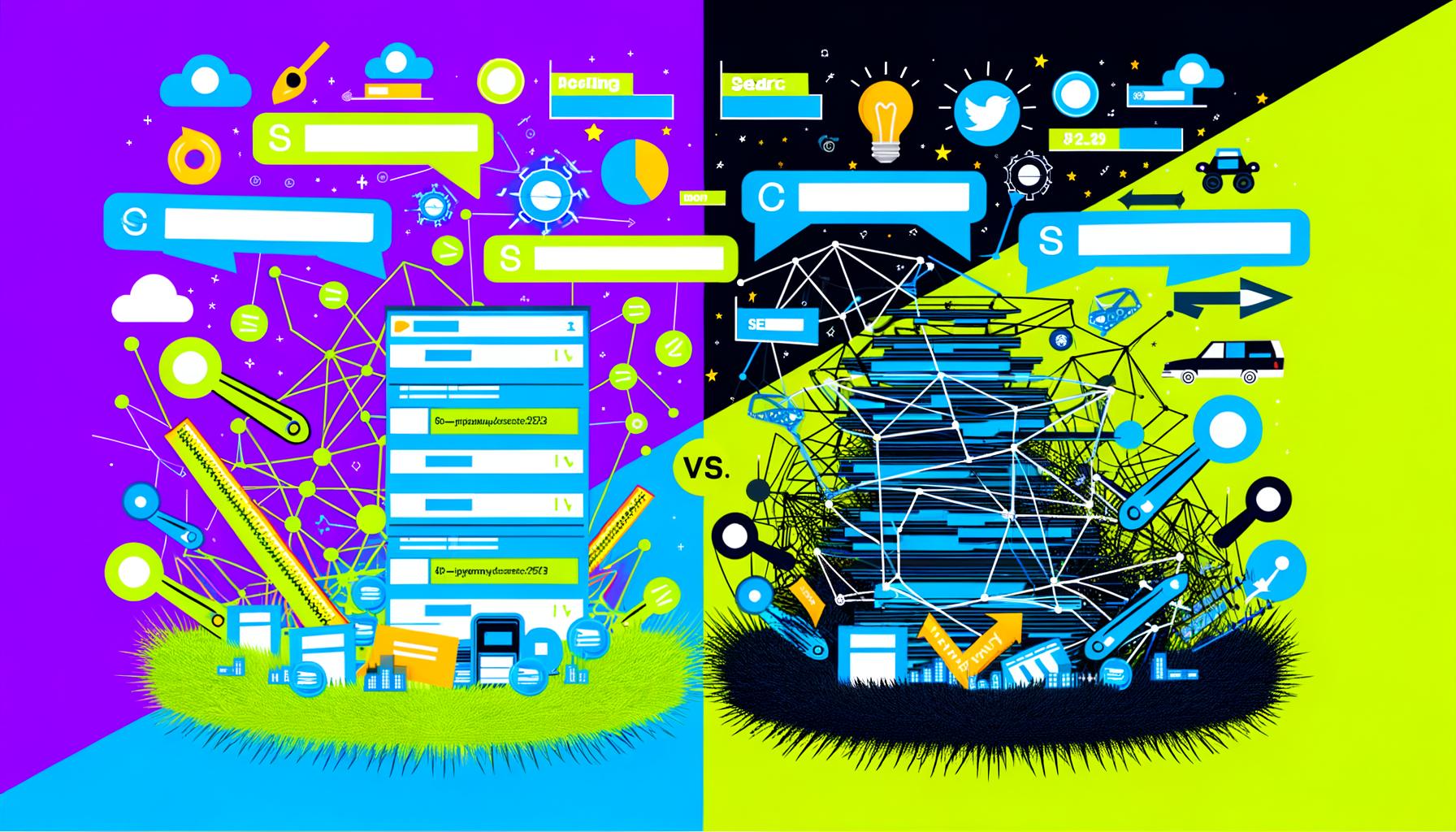 Illustration zweier konkurrierender Websites: links eine minimalistische Seite mit klaren Permalinks wie /blog/seo-tipps, rechts eine überladene Website mit komplizierten dynamischen URLs wie /artikel.php?id=123. In der Mitte Kontrast mit SEO-Symbolen und Traffic-Grafen.