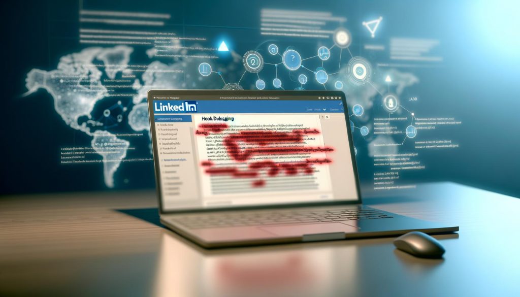 Laptop mit LinkedIn-Post-Editor, vergrößerter Hook-Text mit Debugging-Markierungen, umgeben von Heatmaps und digitalen Graphen, im Hintergrund unscharfe LinkedIn-Profile.