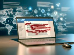 Laptop mit LinkedIn-Post-Editor, vergrößerter Hook-Text mit Debugging-Markierungen, umgeben von Heatmaps und digitalen Graphen, im Hintergrund unscharfe LinkedIn-Profile.