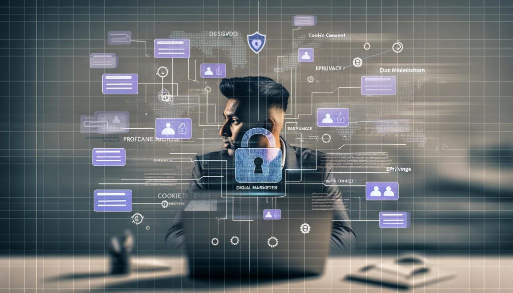 Digitaler Marketer am Schreibtisch mit Datenschutz-Symbolen, Cookie-Consent-Bannern, Code und Analytics, im Zeichen von DSGVO, TTDSG und ePrivacy im modernen Arbeitsumfeld.