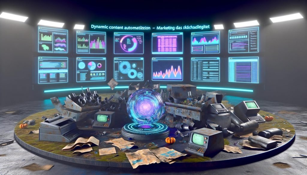 Futuristisches Dashboard mit pulsierenden Daten neben einem digitalen Friedhof alter Marketing-Tools wie Faxmaschinen, Excel und MySpace-Bannern, Neon-Schriftzug: 'Dynamic Content Automatisierung – Marketing, das skaliert.'