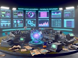 Futuristisches Dashboard mit pulsierenden Daten neben einem digitalen Friedhof alter Marketing-Tools wie Faxmaschinen, Excel und MySpace-Bannern, Neon-Schriftzug: 'Dynamic Content Automatisierung – Marketing, das skaliert.'
