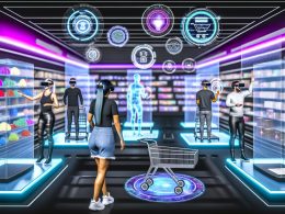 Virtuelle Shopping-Szene mit Avataren in VR-Headsets, interaktiven Hologramm-Produkten, 3D-Warenkörben und digitalen Interface-Elementen in einem neonbeleuchteten Showroom.