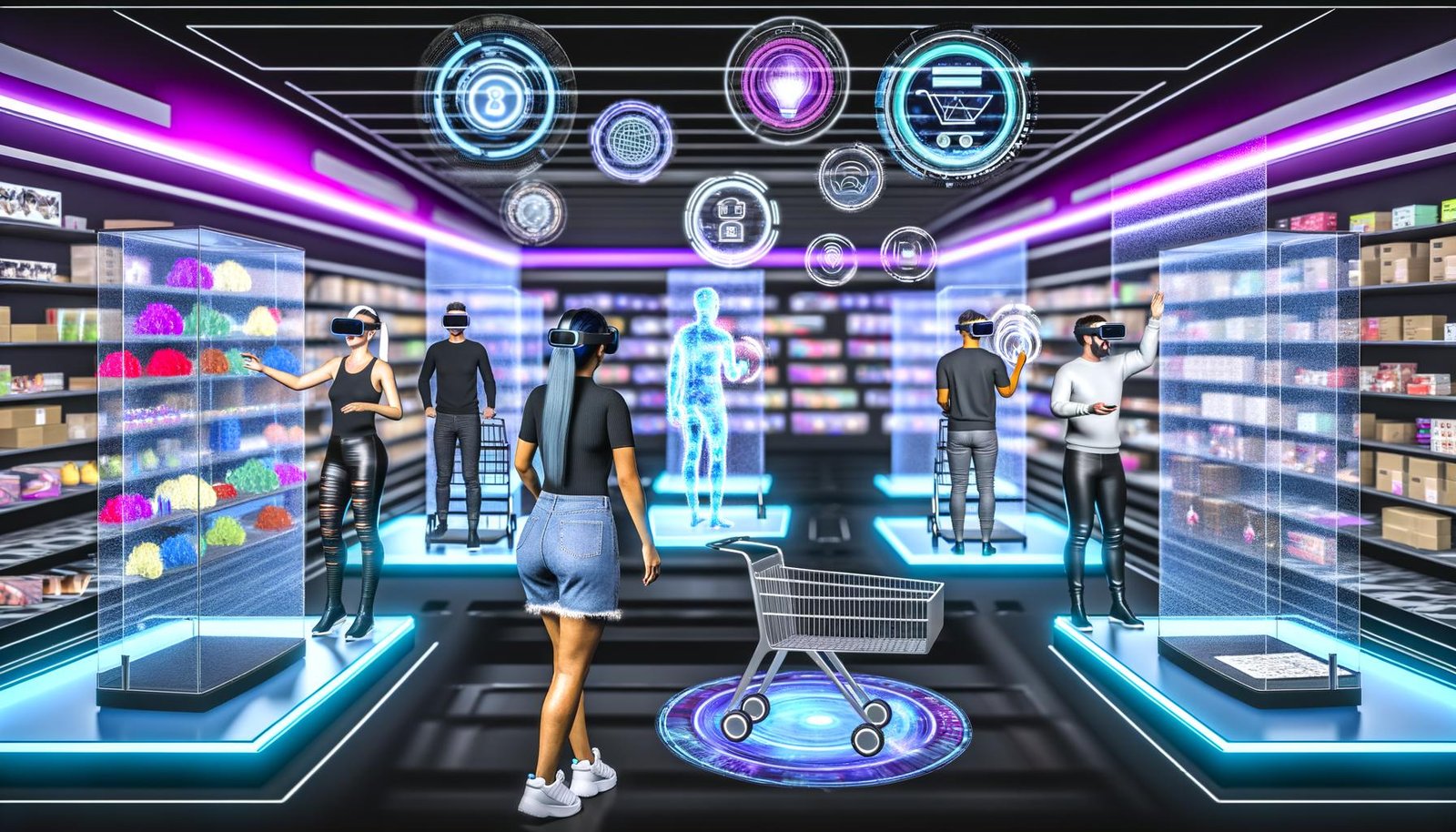 Virtuelle Shopping-Szene mit Avataren in VR-Headsets, interaktiven Hologramm-Produkten, 3D-Warenkörben und digitalen Interface-Elementen in einem neonbeleuchteten Showroom.