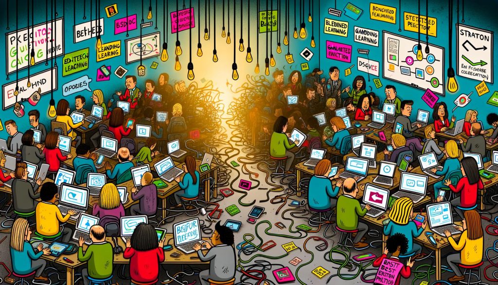 Überfülltes digitales Klassenzimmer mit verzweifelten Lehrkräften und Schülern zwischen Tablets, Laptops, EdTech-Icons, Buzzwords und Kabelsalat. Ein Lichtstrahl hebt einen strategischen Pfad mit Kompass und Checklisten hervor.