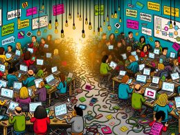 Überfülltes digitales Klassenzimmer mit verzweifelten Lehrkräften und Schülern zwischen Tablets, Laptops, EdTech-Icons, Buzzwords und Kabelsalat. Ein Lichtstrahl hebt einen strategischen Pfad mit Kompass und Checklisten hervor.