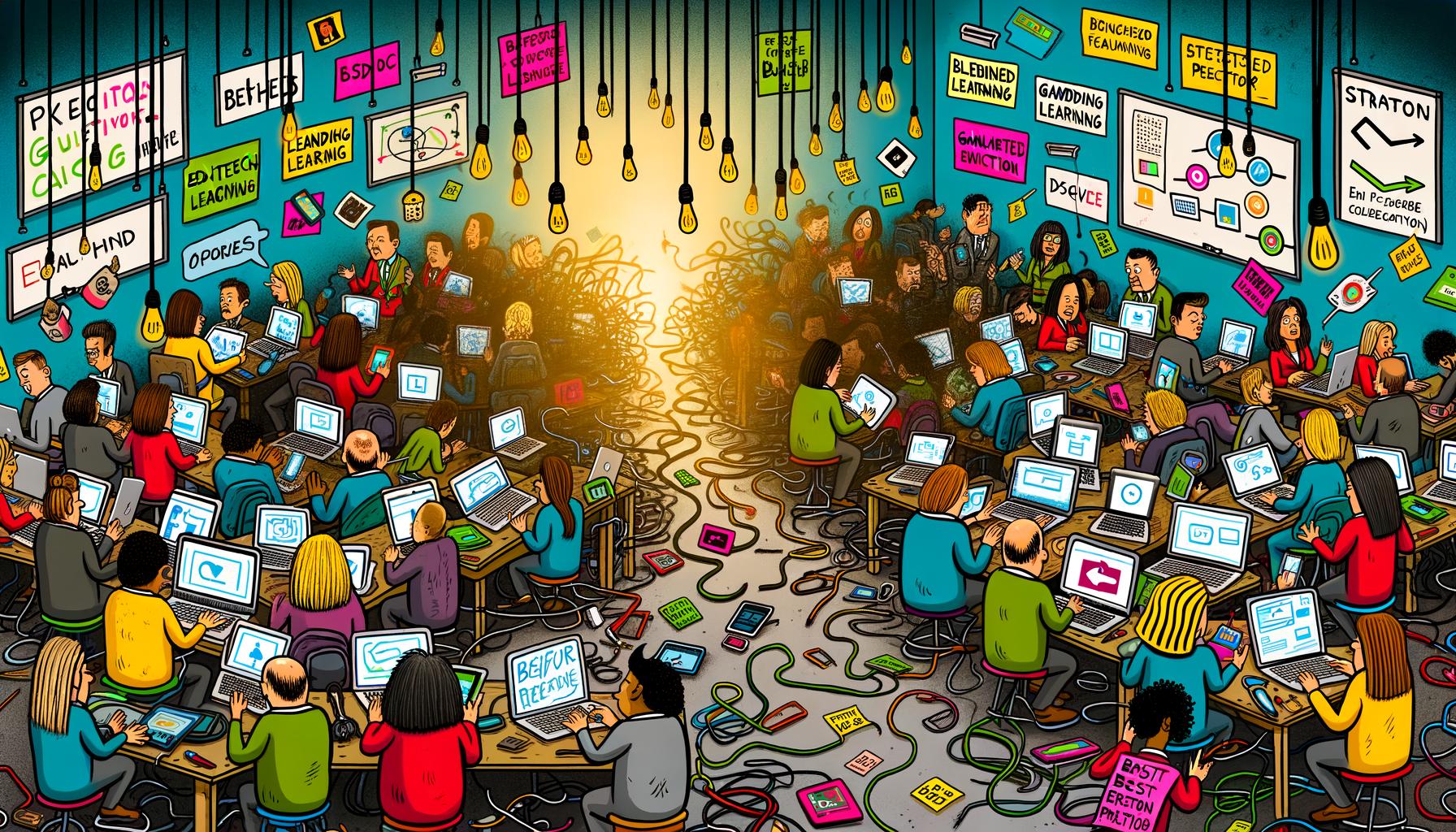 Überfülltes digitales Klassenzimmer mit verzweifelten Lehrkräften und Schülern zwischen Tablets, Laptops, EdTech-Icons, Buzzwords und Kabelsalat. Ein Lichtstrahl hebt einen strategischen Pfad mit Kompass und Checklisten hervor.