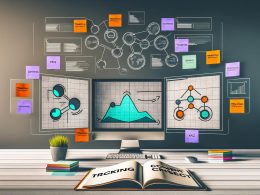 Digitales Workspace mit mehreren Bildschirmen, die Analyse-Dashboards, Tagging-Flussdiagramme und Consent-Management anzeigen, daneben Notizbuch mit ‚Tracking Konzept‘ und KPI-Notizen.