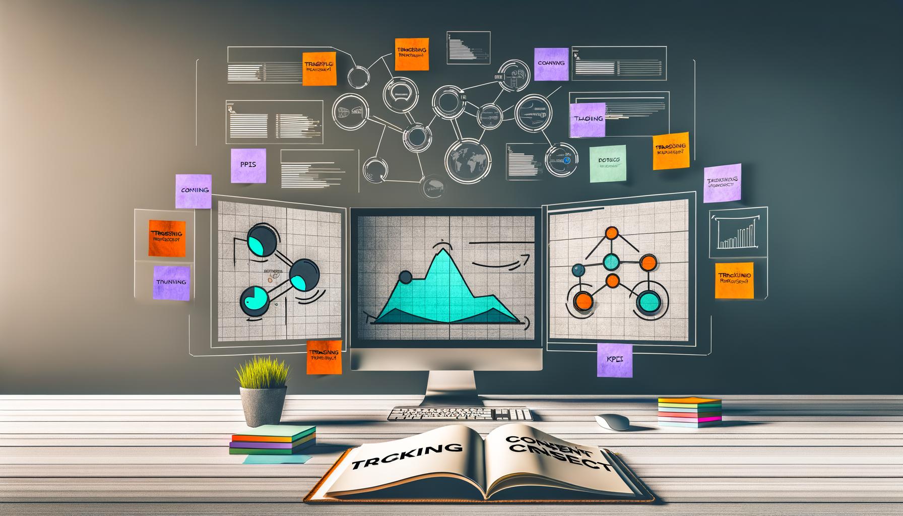 Digitales Workspace mit mehreren Bildschirmen, die Analyse-Dashboards, Tagging-Flussdiagramme und Consent-Management anzeigen, daneben Notizbuch mit ‚Tracking Konzept‘ und KPI-Notizen.